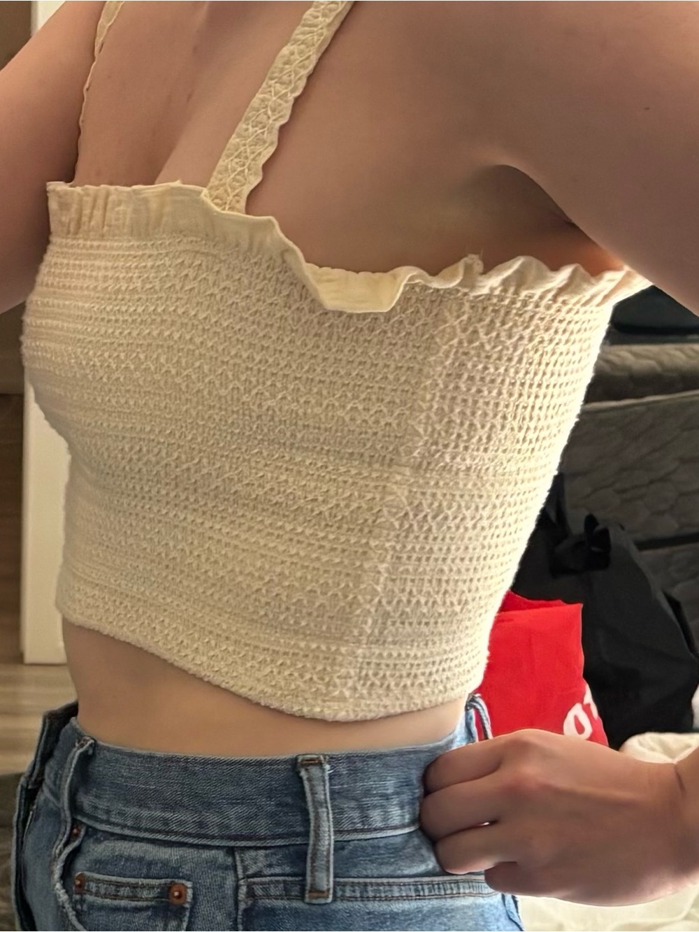 Smocked Ruffle-Trim Cream Crop Top